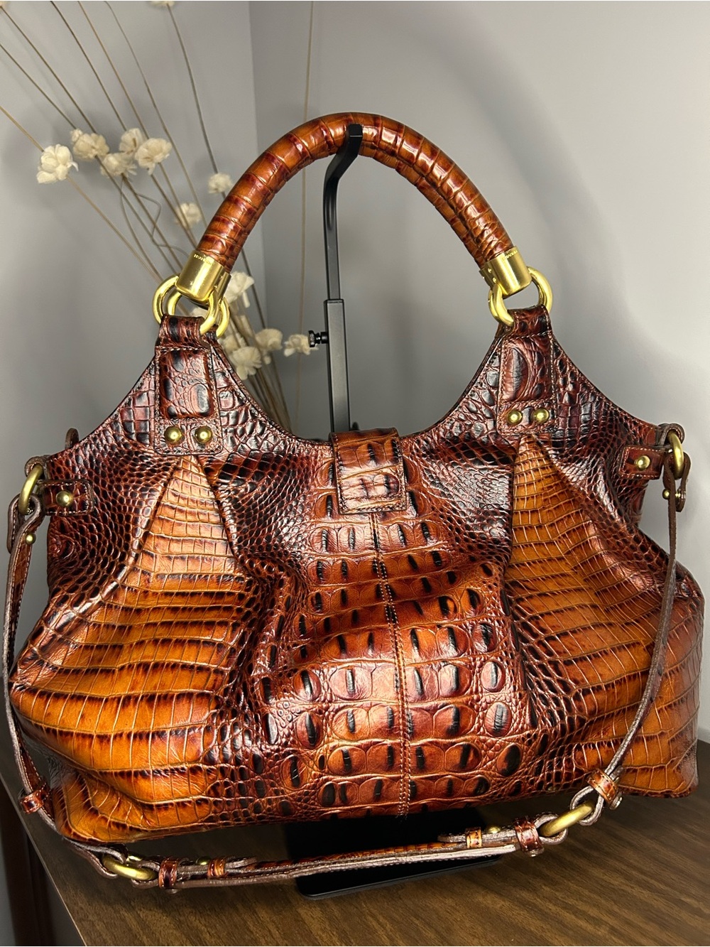 Brahmin Melbourne Elise Pecan Croc Embossed Satchel Bag - Picture 9 of 13